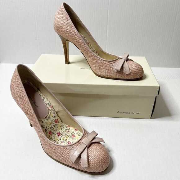 Amanda Smith Women's Belle High Heels Size 8M Pink Raffia Bow Straw Tweed Pumps - Picture 9 of 12